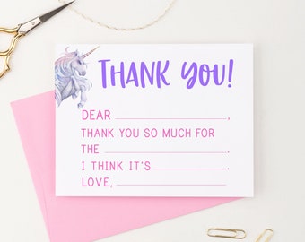 Unicorn Stationery Set for Girls Fill In The Blank Thank You Cards, Kids Horse Note Cards, Fill In Thank You Notes with Unicorn, Cute  KS240