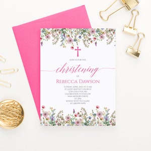 Biglietti e buste per battesimo personalizzate, Invito per battesimo floreale elegante per ragazza, Invito per battesimo moderno con croce CI055