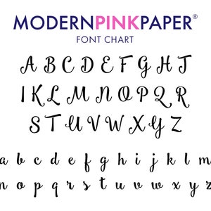 May include: A font chart showing the uppercase and lowercase letters of the alphabet in a cursive script font. The font is black on a white background. The text "MODERNPINKPAPER&reg;" is in blue and pink at the top of the chart. The text "FONT CHART" is in black below the company name.