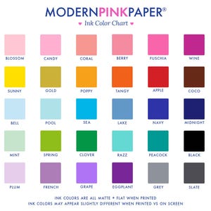 May include: Ink color chart with 24 color swatches, each labeled with a name. The colors are arranged in rows and columns, and the names are printed below each swatch. The chart is titled "MODERNPINKPAPER&reg; Ink Color Chart".
