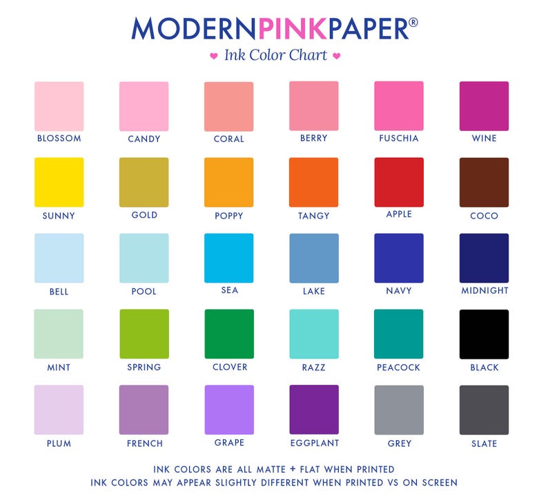 May include: Ink color chart with 24 color swatches, each labeled with a name. The colors are arranged in rows and columns, and the names are printed below each swatch. The chart is titled "MODERNPINKPAPER&reg; Ink Color Chart".