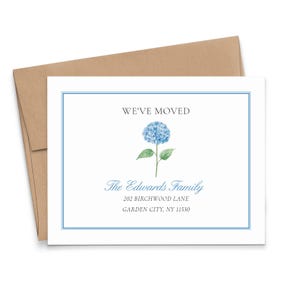Aangepaste adreswijzigingskaart met blauwe hortensia, FLAT aquarel verhuisaankondigingskaarten en enveloppen, We've Moved Announcements, MA037