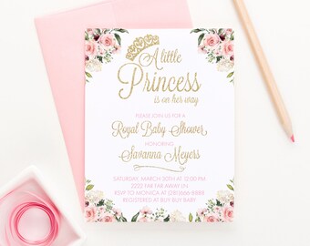 Princess Baby Shower Invites Girl Floral Princess Baby Shower Invites Printed, Crown Baby Shower Invitations Download, Gold Glitter, BSI025