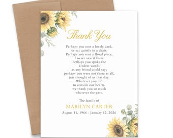 Sunflower Funeral Thank You Cards, FLAT Sympathy Appreciation Notes with Envelopes, Personalized Memorial Cards Rustic Floral, FTY072