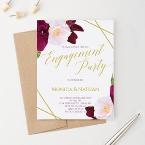 Fall Floral Engagement Party Invitation Rustic, Gold Engagement Party Invitations Floral Engagement Invitation Download, Burgundy Pink EI029