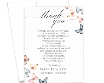 Personalized Sympathy Card With Butterflies, FLAT Butterfly Funeral Thank You Cards Customized, Bereavement Notecard With Envelope, FTY044