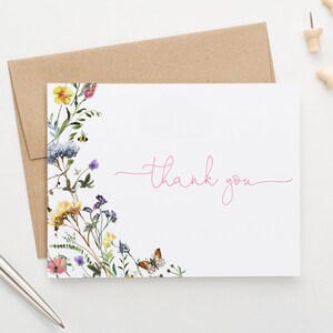 Cartes de remerciement fleurs sauvages, cartes de remerciement modernes, carte de correspondance pliée avec enveloppe, jeu de cartes de remerciement floral, carte de remerciement élégante TY094