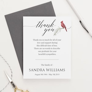 Notas de agradecimiento para funerales de Red Cardinal, tarjetas de agradecimiento y condolencias, tarjetas de notas de celebración de la vida de Cardinal, papelería funeraria, memorial, FTY021