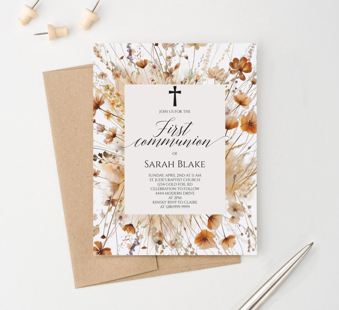 Fall Wildflower First Communion Invitation, Personalized Holy Communion ...