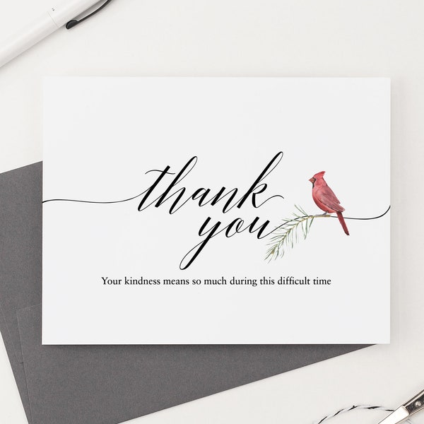 Classic Thank You Sympathy Cards Cardinal Funeral Thank You Note Cards, Simple Funeral Stationery with Red Cardinal, Memorial Notes, FTY022