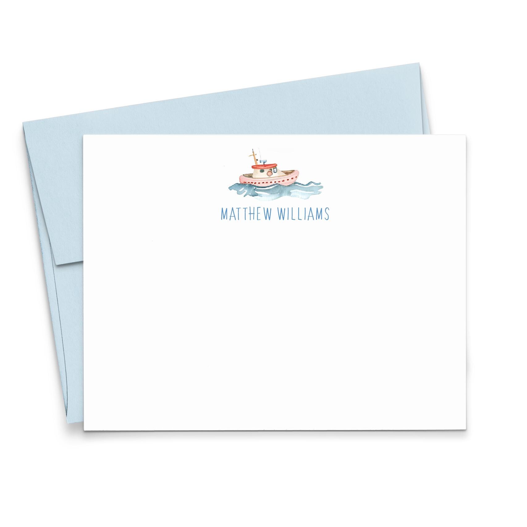 Personalized Watercolor Sailboat Stationary For Kids, Flat Nautical Stationery Notecards With Envelopes, Custom Children Note Cards, KS268