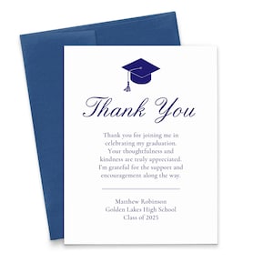Tarjeta de agradecimiento elegante para graduados, notas de agradecimiento de graduación personalizadas planas con mensaje, tarjetas de agradecimiento de graduación personalizadas, GTY009