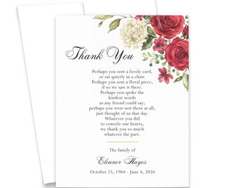 Red Rose Funeral Thank You Cards, FLAT Elegant Sympathy Appreciation Notes with Envelopes, Personalized Memorial Card Floral Roses, FTY067