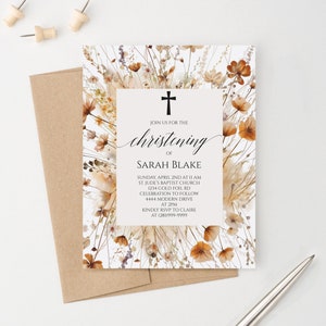 Herbst Wildblumen Taufeinladung mit Kreuz, Blumen Taufeinladungen, personalisierte Taufkarten und Umschläge CI050