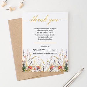 Cartões de agradecimento funerais personalizados com nome, cartões de simpatia com envelopes, cartões de flores silvestres de outono, papel de carta memorial floral FTY024