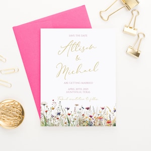 Wildblumen Save The Dates, Gold Personalisierte Hochzeit Save The Date Einladungen, Floral Custom Save The Date Card, Aquarell Florals SDI058