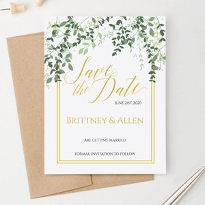 Groen bruiloft bewaar deze datum gouden bewaar deze datum groene bladeren, elegante bewaar deze datum-kaarten, groen bewaar deze datum huwelijksuitnodigingen, SDI036