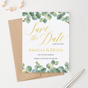 Groene Save The Date Gouden, elegante Save The Date groene bladeren, Save The Date-kaarten bruiloft Save The Date Uitnodigingen Download SDI035