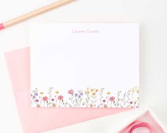 Kids Personalized Stationary Set, Wildflower Note Cards with Envelopes, Floral Stationery Watercolor Notecards, Girls Note Card KS245