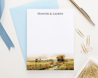 Couples Personalized Stationary With Envelopes, Flat Note Cards With Names, Landscape Watercolor Horse Stationery, Wedding Notecards WS059