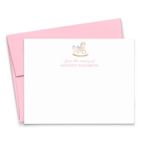 Juego de papelería personalizado para niña, tarjetas de agradecimiento para baby shower con caballito balancín plano, de la guardería de papelería para bebés, KS261