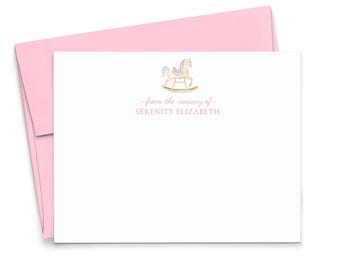 Personalized Baby Girl Stationery Set, Flat Rocking Horse Baby Shower Thank You Cards, From The Nursery Of Stationary For Babies, KS261