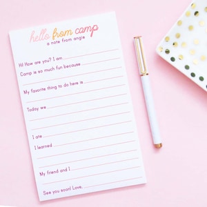 Blocco note personalizzato per ragazze per il campo estivo, blocco note "A Note From" per il campo estivo per bambini, set di cancelleria con spazi vuoti da riempire, appunti per il campo estivo "Sleep Away", NP274