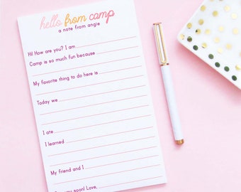 Niñas personalizado bloc de notas para el campamento de verano, una nota del bloc de notas para niños campamento rellenar el conjunto estacionario en blanco, Sleep Away Notas del campamento, NP274