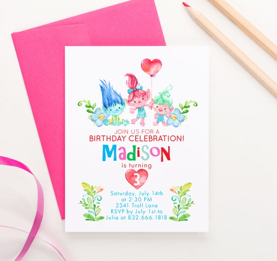 trolls invitation trolls birthday invitation birthday invitations for girls first birthday invitation troll birthday invitations bi029 invitation of birthday