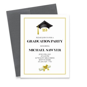 Invitaciones para fiesta de graduación con birrete y diploma con borde dorado, invitaciones para fiesta de graduación 2025, invitación clásica para fiesta de graduación, GPI006