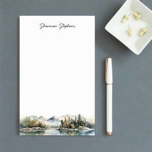 Libreta de notas personalizada para mujer, libreta de notas con nombre, libreta con paisaje de montaña y lago en acuarela, juego de escritura de cartas personalizado NP364
