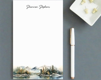 Personalized Stationary Notepad For Women, Note Pads With Name, Watercolor Mountain Lake Landscape Notepad, Custom Letter Writing Set NP364