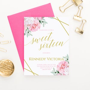 Pink Floral Sweet 16 Invitation Floral Sweet Sixteen invitations Download, Gold Geometric Sweet 16 Invites Pink Elegant Sweet Sixteen SSI011