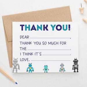 Roboter Füllen Sie die leeren Dankeskarten aus Kinder Niedlich Dankeschön Füllen Sie Stationäres, Geführtes Briefpapier für Jungen aus, Füllen Sie die Notizkarten mit Robotern KS237 aus