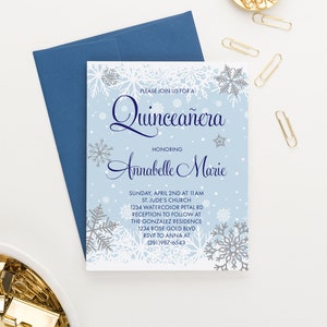 Winter Wonderland Quinceanera Invitation Silver Quincenera Invitation Light Blue Quincenera Invitations Winter Wonderland, Snow Flake, QI022
