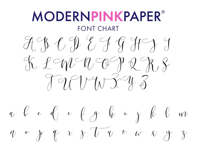 Pu&ograve; includere: Tabella di caratteri che mostra le lettere maiuscole e minuscole del carattere Modern Pink Paper. Il carattere &egrave; in stile corsivo.