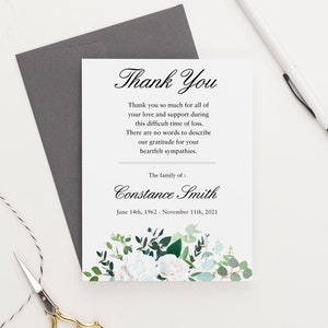 Tarjetas de agradecimiento con sobres y flores blancas para funerales, elegantes tarjetas de agradecimiento conmemorativas para funerales, papelería de agradecimiento, FTY010