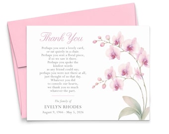Pink Orchid Funeral Thank You Cards, FLAT Elegant Sympathy Appreciation Notes with Envelopes, Personalized Memorial Cards Floral, FTY070