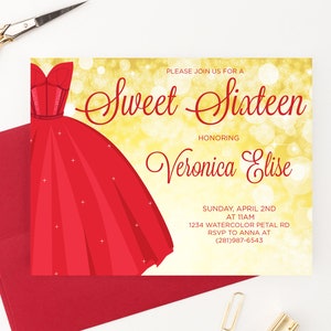 Red and Gold Sweet 16 Invitation Red and Gold, Elegant Sweet Sixteen Invitations Download, Red Dress Sweet Sixteen Invitation Printed SSI015