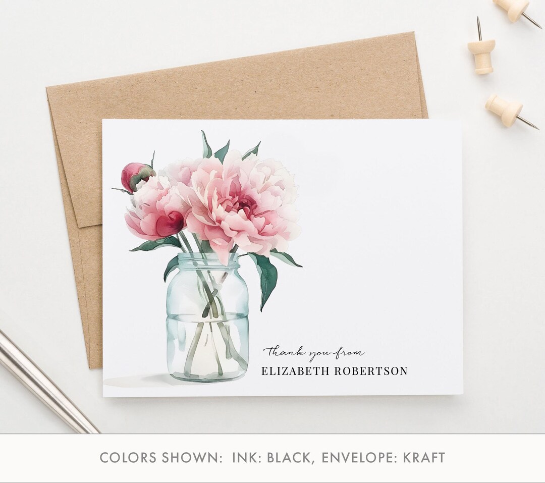 Personalized Thank You Cards With Flowers, Folded Watercolor Peony ...