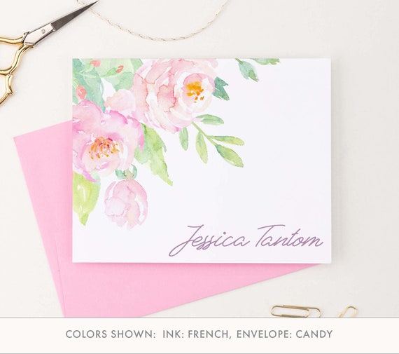 Personalized Folded Watercolor Floral Corner Stationery Set for