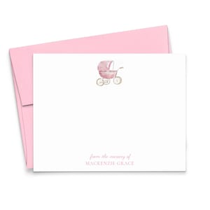 Personalized Stationary For Baby Girl, Flat Custom Baby Shower Thank You Cards With Envelopes, Baby Carriage Watercolor Notecards Set, KS258