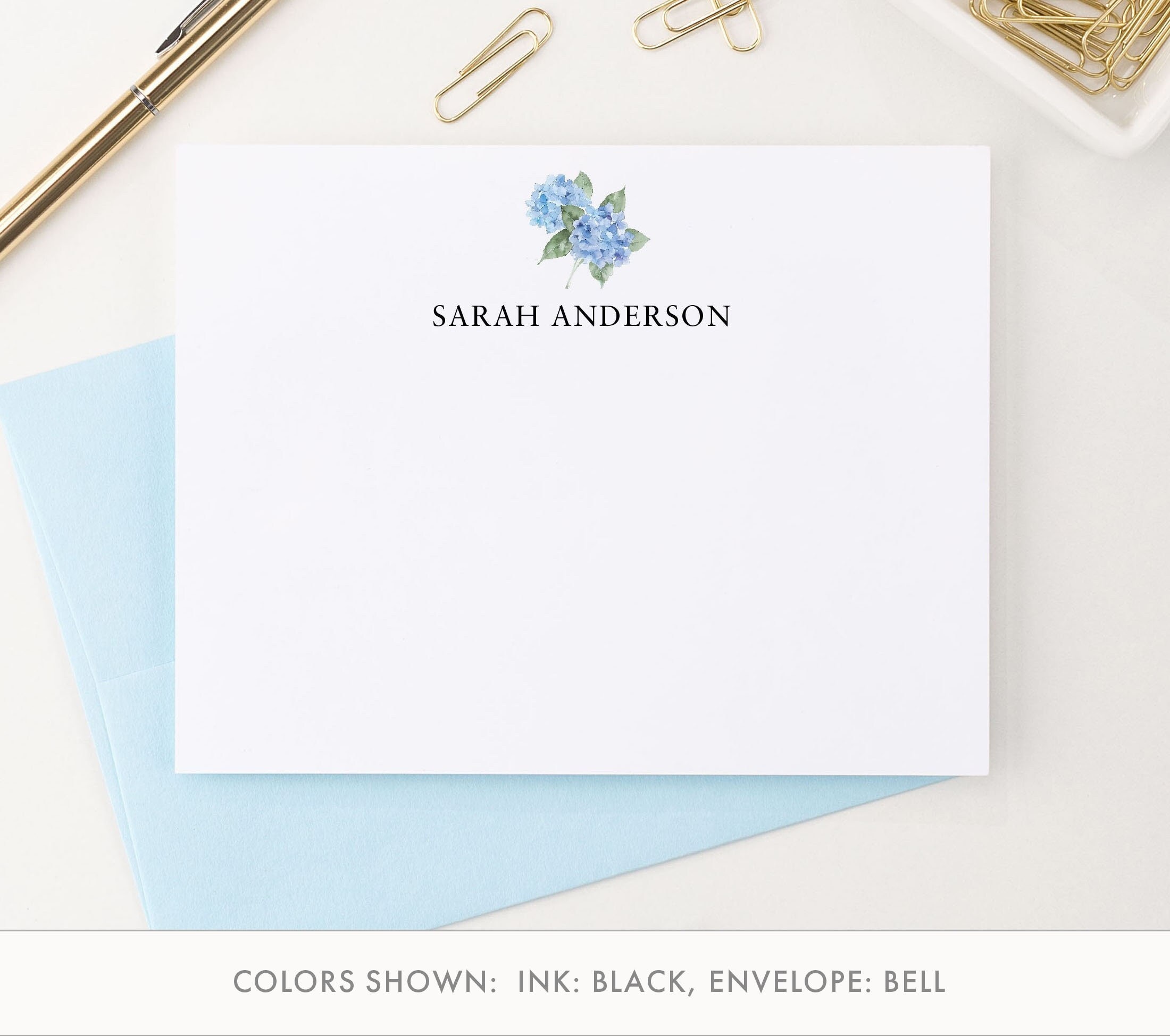 Personalized Watercolor Stationery With Hydrangeas, Flat Blue Floral ...