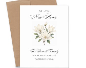 Magnolia Moving Announcements, FLAT New Home Cards Southern Theme, Personalized Change of Address Card White Floral Watercolor, MA071