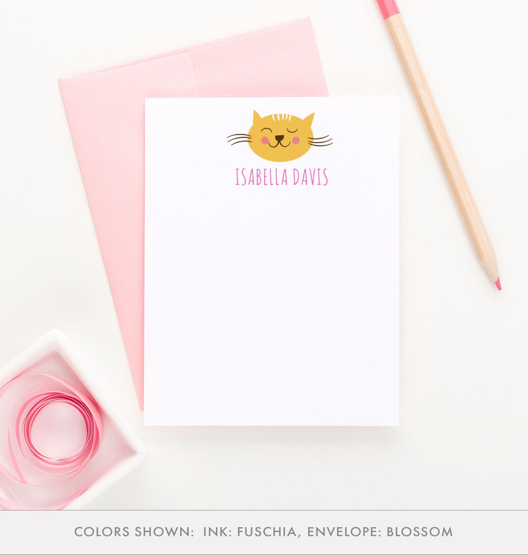 Personalized Cat Stationery for Kids, Girl Cat Note Cards, Customized ...