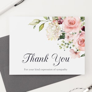 Cartões de agradecimento com simpatia floral, cartões de agradecimento para funeral com flores rosa, cartões dobrados de agradecimento memorial, nota funerária moderna FTY015
