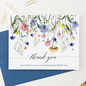 Cartões de agradecimento dobrados para funeral com mensagem, cartões de agradecimento com envelopes, cartões de agradecimento em aquarela de flores silvestres florais FTY038