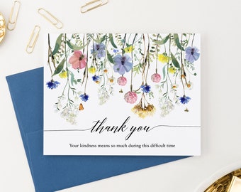 Folded Funeral Thank You Cards With Message, Sympathy Note Cards With Envelopes, Floral Wildflower Watercolor Thank You Cards FTY038