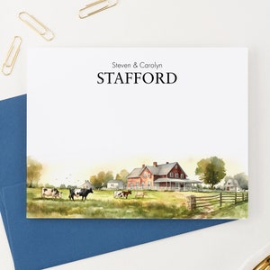 Personalisierte Briefpapier Hochzeit für Paare, Gefaltete Karte mit Namen, Aquarell Farm Landschaft Karte mit Umschlägen, Kühe WS052