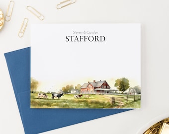 Personalized Wedding Stationary For Couples, Folded Note Cards With Names, Watercolor Farm Landscape Notecards With Envelopes, Cows WS052